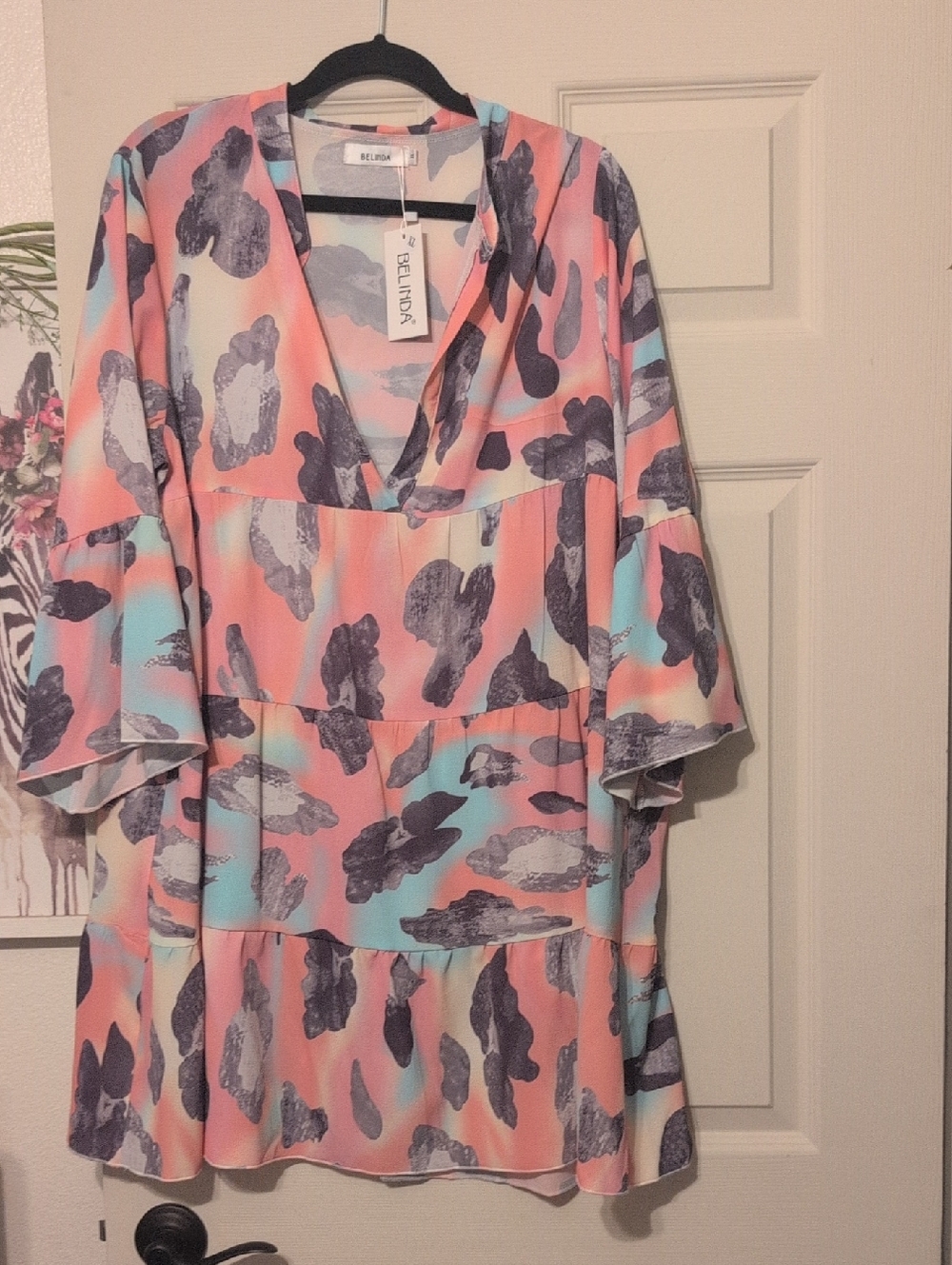 Belinda V-Neck Tiered Tunic/Mini Dreas in Coral & Aqua Print